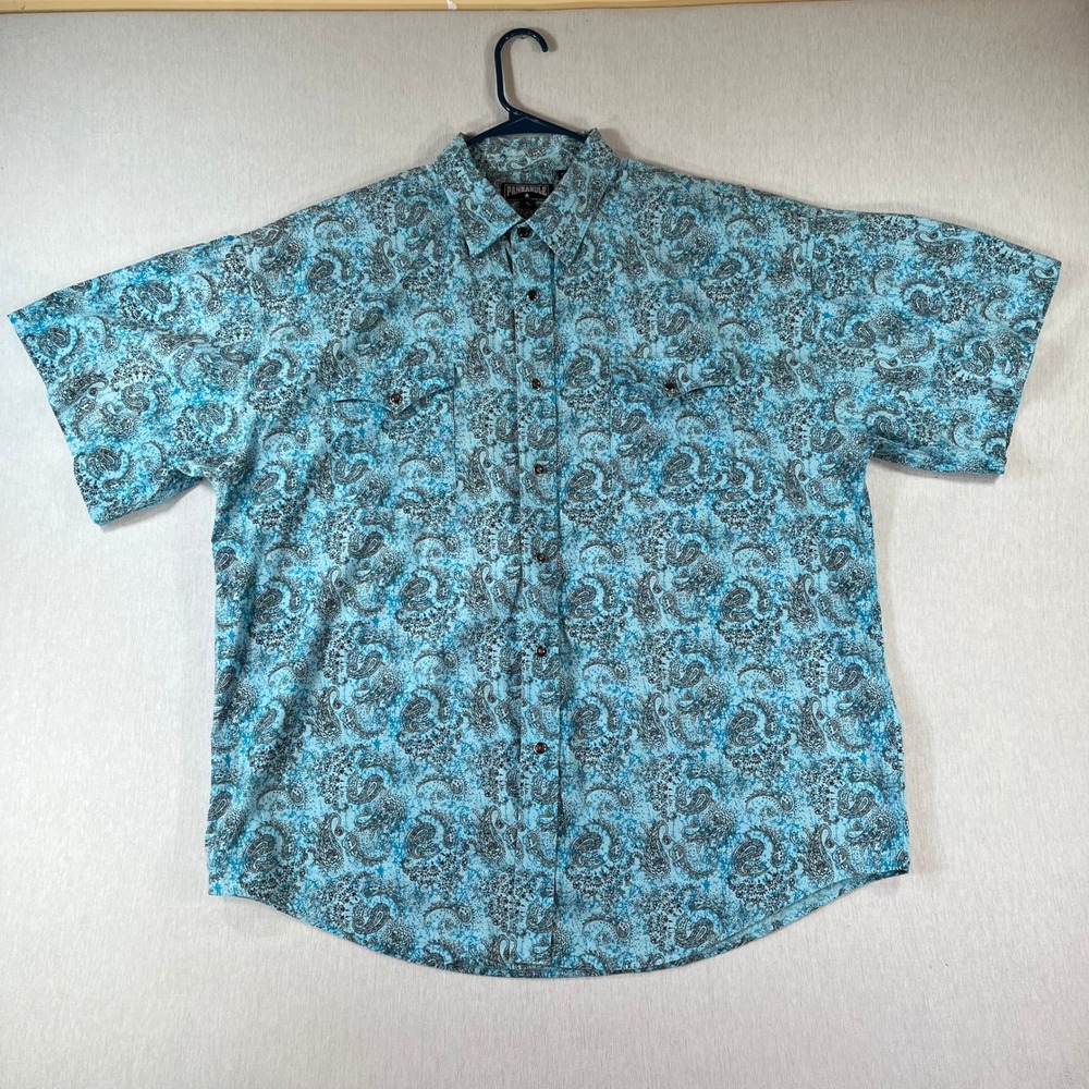 Panhandle Slim Western Shirt Mens XL Blue Paisley Snap Front Shirt Short Sleeve